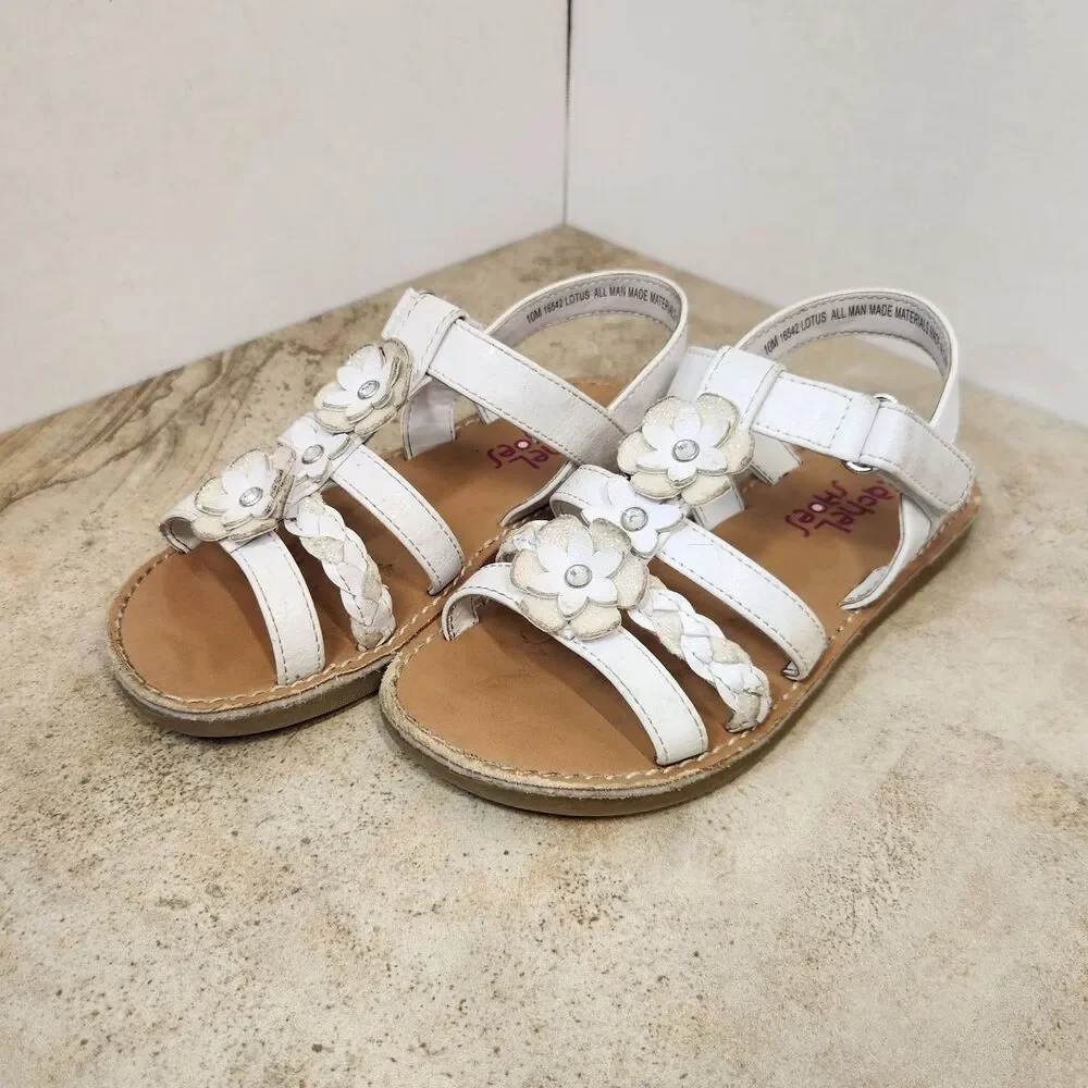Rachel Shoes Girls US 10M White Strappy Sandals Flower Braided Hook & Loop